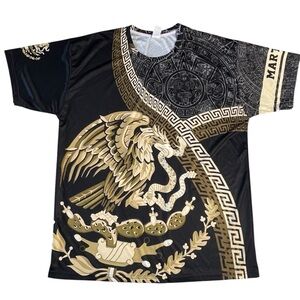 Mexico Aztec Graphic Black/Gold 3DCustom Martinez ,Eagle-Snake-Cactus T-shirt XL